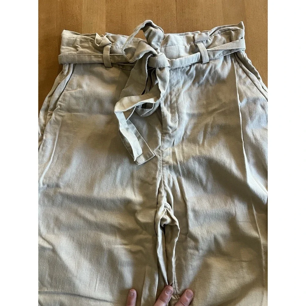 Banana Republic Pants Womens Sz 2 Blake Crop Tan Wide Leg Linen Blend Belt Khaki